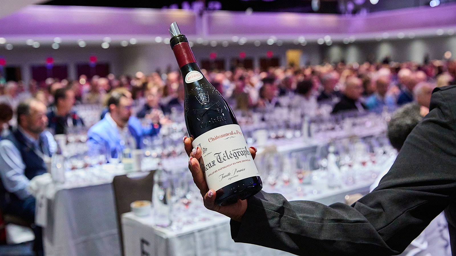 A bottle of Domaine du Vieux Télégraphe Châteauneuf-du-Pape La Crau 2020 at the New York Wine Experience